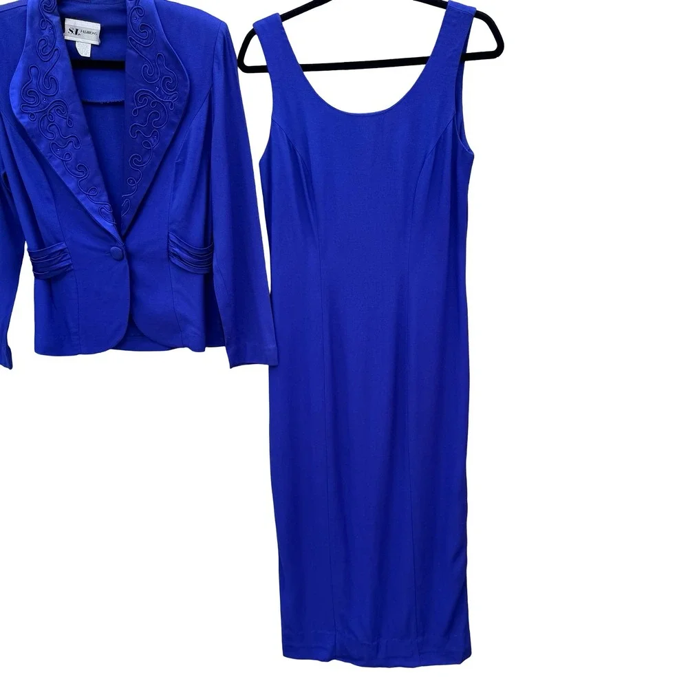 SL Fashions Vintage Royal‎ Blue Dress and Blazer Set Size 10 Soutache Beaded USA